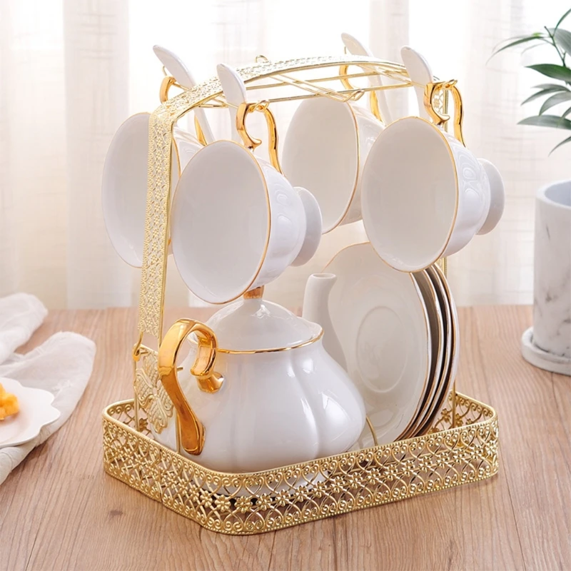 European Metal Gold Color Iron Cups Holder Rack Basket with Tray Home Kitchen Tablewares Storage Organization Mug Tumblers Stand