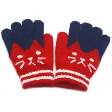 Зимние теплые детские варежки из искусственной шерсти; лыжные перчатки контрастного цвета в полоску с рисунком кота