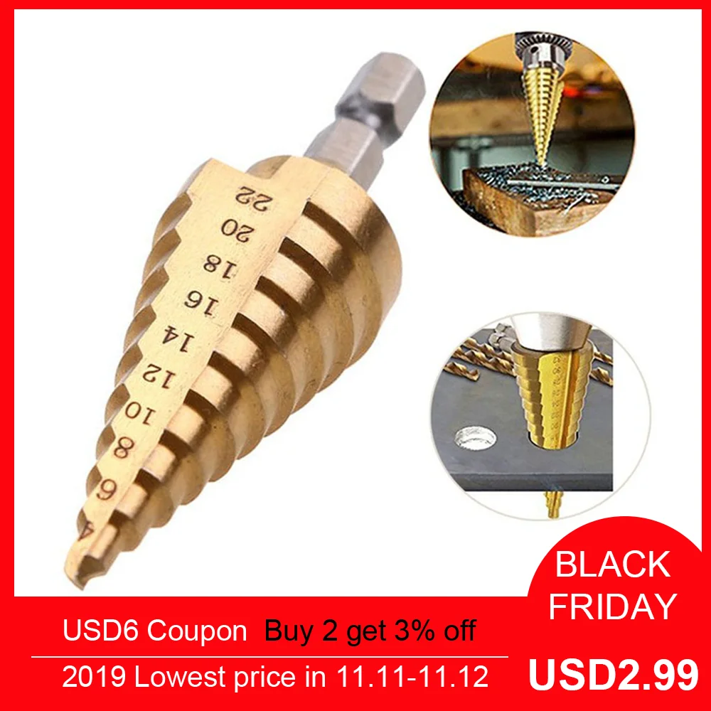 

4-22mm High Drill Bit Tool Drill Step Titanium Speed Coated Steel Cone Hole Cutter Hex drill bit herramientas para carpinteria