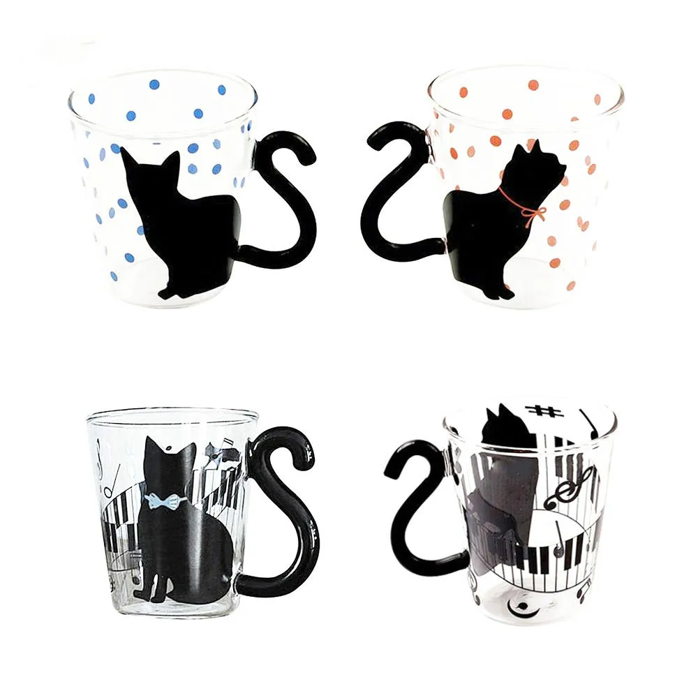 Стеклянная чашка с милым рисунком кота, креативная чашка для пары, кофейные стеклянные чашки для влюбленных, кошачий хвост, ручка для молока, кружка для влюбленных, лучший подарок для пары