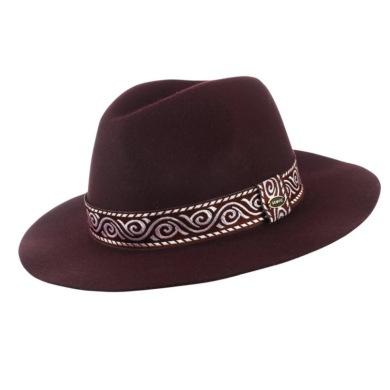 Wine red GEMVIE с широкими полями, шерсть, женская шляпа, Fedora, зимняя фетровая шапочка, полосатая, этническая группа, осенняя, джазовая шапка - Цвет: Wine red