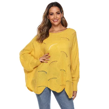 

Women's Sweater Round Neck Long-sleeved Solid Loose Irregular Hem Powder Sweater M-2XL Women's Clothing