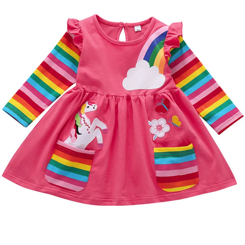 

New Baby Girls Dress Autumn Fashion Cute Red Cartoon Rainbow horse Long-sleeved Girls Spring Cartoon Print Striped Pocket Dress
