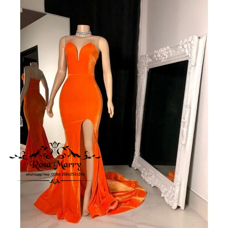 Sexy Orange Velvet Mermaid Prom Dresses 