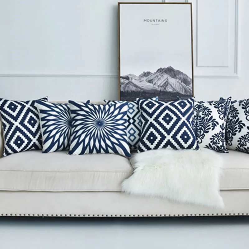 

Home Decoration Embroidered Cushion Cover Navy Blue / White Geometric Floral Canvas Cotton Square Embroidered Pillowcase 45x45cm
