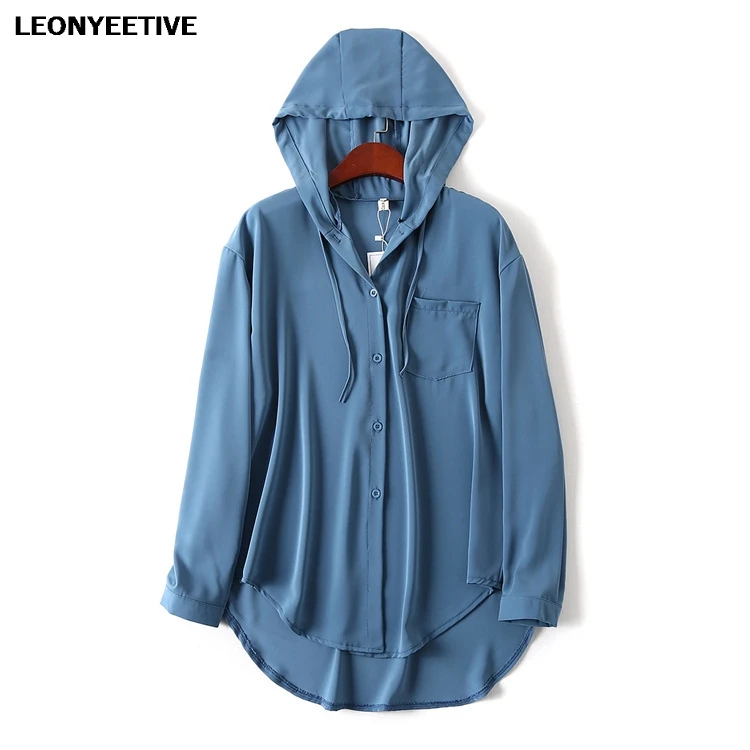 2021 new summer shirt oversize plus size Shirt Chiffon Full Casual  Solid Hooded Polyester