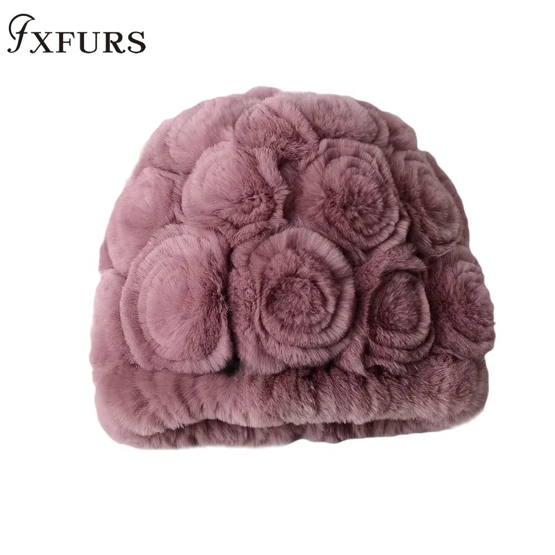 

Wholesale And Retail Women Real Rex Rabbit Fur Caps Flowers Winter Hats Skullies Cap Real Fur Knitted Rabbit Beanies Lady Caps
