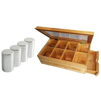 

1pcs Tea Box with Clear Hinged Lid, 8 Storage Sections & 4pcs Tea Tins Canister Set with Airtight Lids(Silver 92 x 55 )