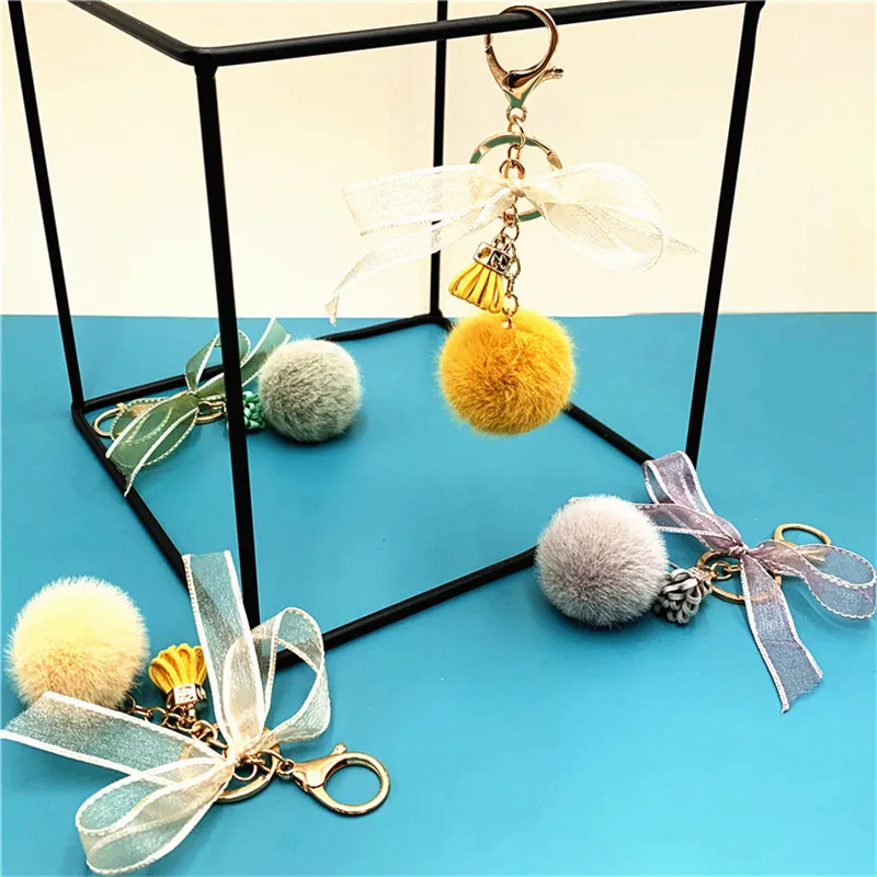 Cute Heart Pompom Keychain Charms Pearl Tassel Fluffy Flush Faux