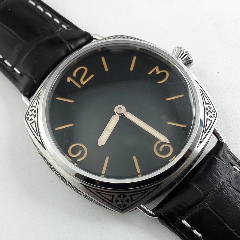 

47 mm SEAGULL movement Men Watch Retro engraving Black Dial carving military Mechanical hand winding Leather Watches men