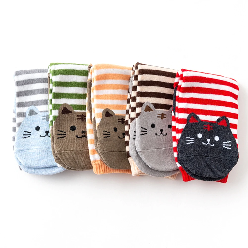 5pcs Women Cat Stripes Mid-calf Length Socks Breathable Cotton Anti-slip Socks Adult Soft Casual Animal Print Socks