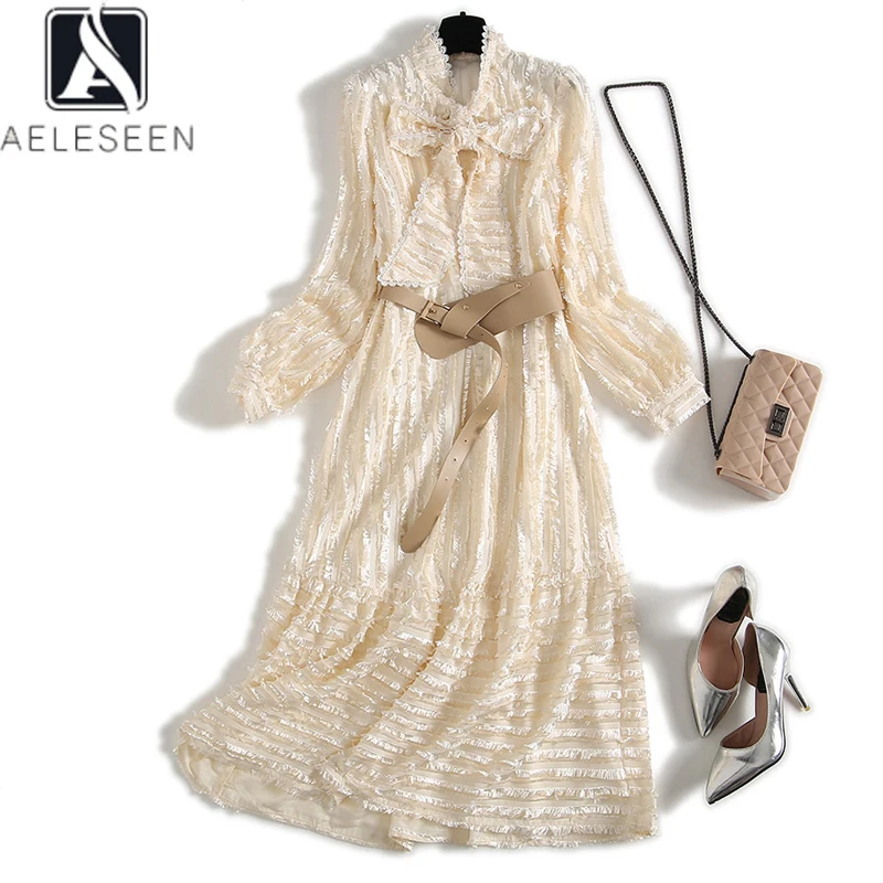 

AELESEEN Red Dress Spring Summer 2020 Runway Fashion New Long Sleeve Ruffles Tassel Elegant Holiday Party Dress Vestidos