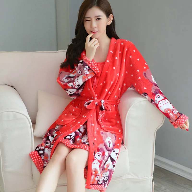 Женское кимоно, халат, комплект для сна, теплая фланелевая ночная рубашка, зимний комплект из 2 предметов, домашняя одежда, коралловый флис, женская одежда для сна