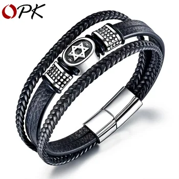 

European And American Fashion Men's Hand Ornaments Multi-layer Woven Leather Bracelet Six Star Titanium Steel Br