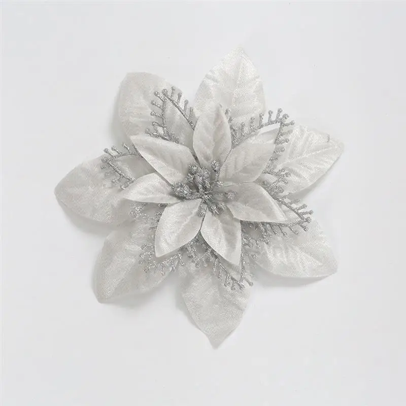 10 шт. реалистичные искусственные цветы для украшения блестки Poinsettia поддельные цветы DIY домашний свадебный Декор Цветок голова Рождество