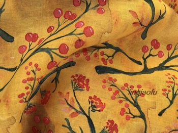 

Brilliant yellow linen printed fabric dress cheongsam retro fabric High-end linen fabric