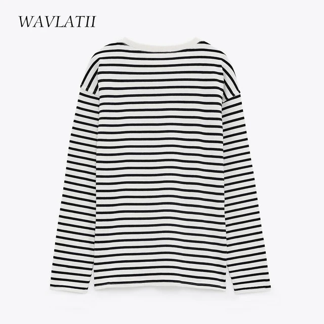 가을과 봄을 위한 세련되고 편안한 WAVLATII의 스트라이프 긴팔 티셔츠
