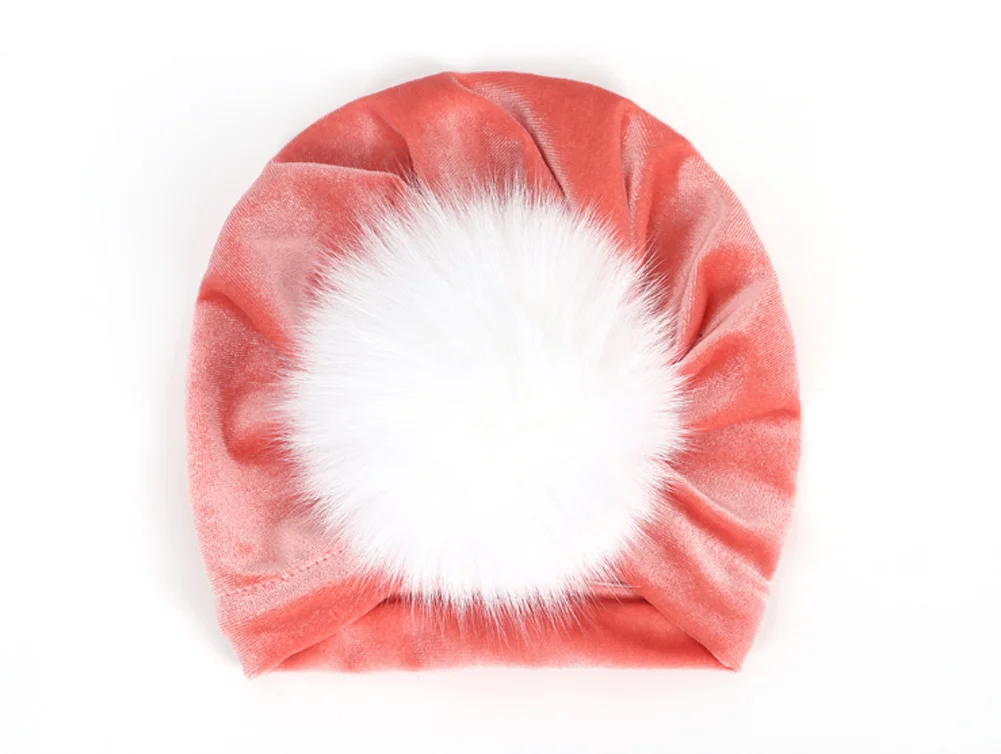 Meihuida/осенне-зимняя шапочка для маленьких девочек от 1 года до 2 лет, помпон для волос с помпоном из искусственного меха, мягкая эластичная бархатная шапочка-тюрбан