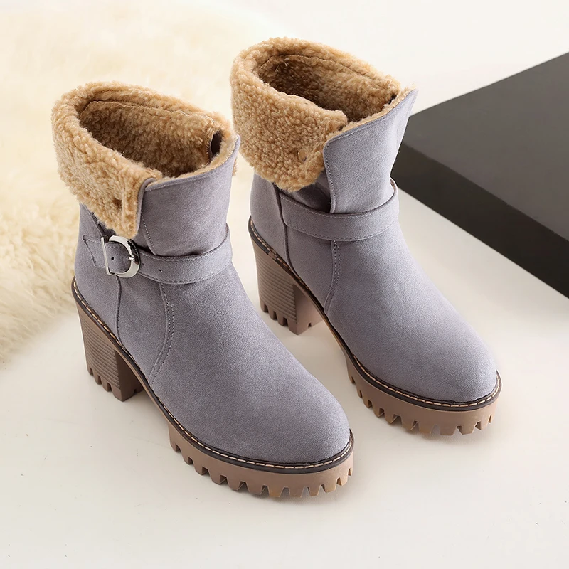 New Women Boots Winter Outdoor Keep Warm Fur Boots Platform Women's Snow Boots Thick heel with round head short boot - Цвет: Light Gray