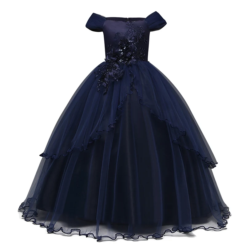 Элегантное платье принцессы для девочек на свадьбу; вечернее детское платье принцессы; праздничное Красное Длинное Платье; детская праздничная одежда с блестками и бантом - Цвет: 3 Navy Blue