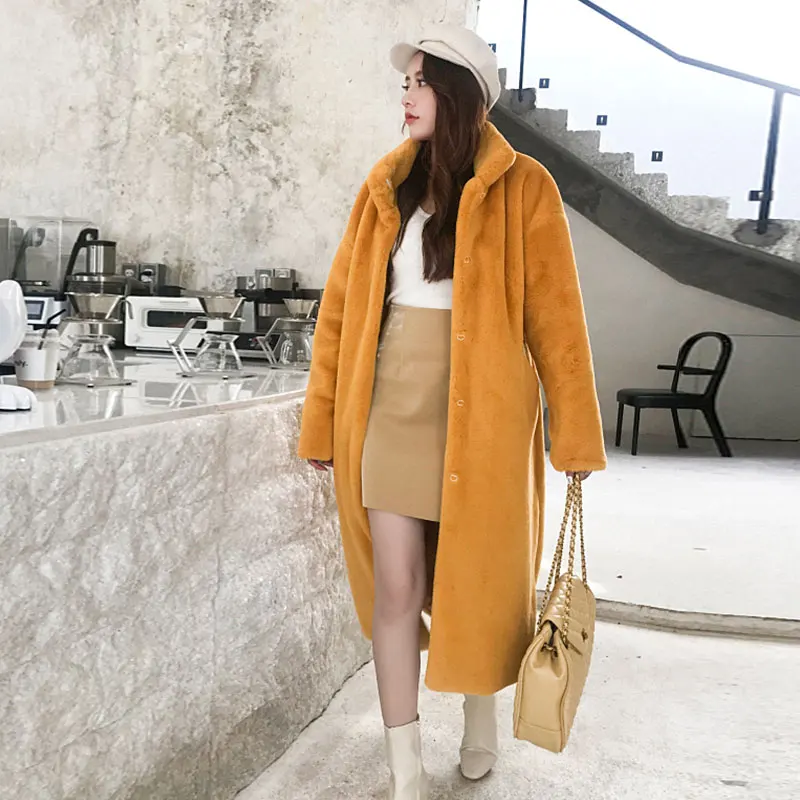 Yellow Зимнее пальто из искусственного меха пальто толстое теплое приталенное пальто свободная длинная куртка C мехом пальто Для женщин воротник-стойка на каждый день женские роскошные негабаритных плюшевое пальто для девочек Женская обувь - Цвет: Yellow