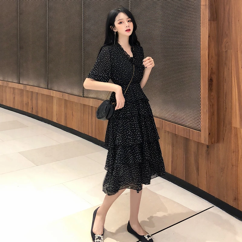 

V-neck Short Sleeve High Elastic Waist Chiffon Dress 2020 Summer New Floral Print Layer Dollcake Dress Women Elegant Party Dress