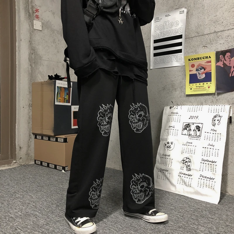 Neploe Harajuku, женские брюки с принтом черепа, весна, повседневные, тянущиеся, с талией, широкие, для женщин, мужчин, брюки, свободные, прямые, брюки 80592