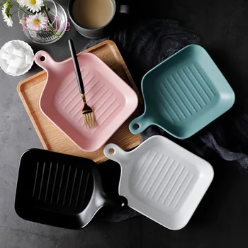 

FSILE Creative Tableware Household Color Glaze Ceramic Plate Single Handle Western Food Plate Breakfast Plate Dish Plate 1pc