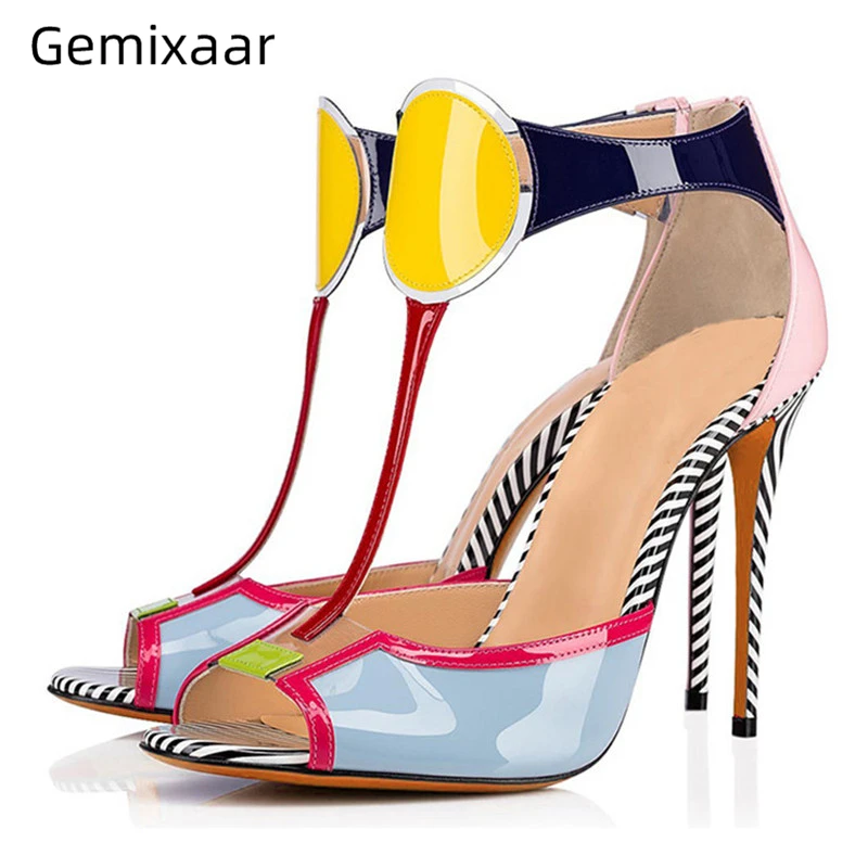 

2020 Summer Lovely Candy Coloful T-shape Zipper Women Shoes Peep Toe High Stiletto Heels Sandalias Mujer Sweet Mix-Color Sandals