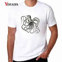 Casual T-Shirt Fashion Mens Graphic Tees Vintage Octopus Animal Printed Tee Shirts Short Sleeve Streetwear White Tops