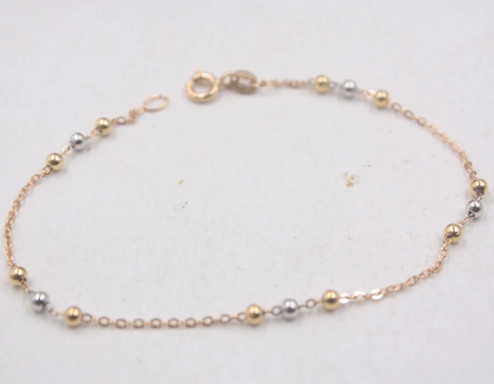 

Au750 18K Multi-tone Gold Bracelet Woman's Smooth Beads Girl O Link New 6.7''L