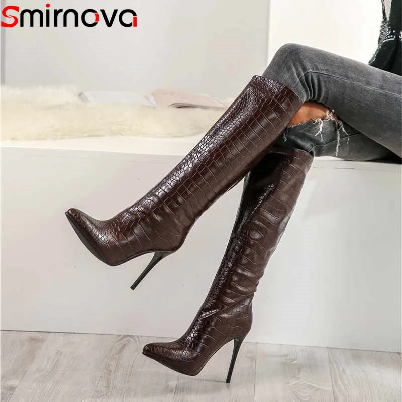 

Smirnova Plus size 34-43 New women boots stilettos high heels sexy pointed toe retro knee high boots slip on winter boots party