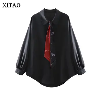 

XITAO Korean Style Lantern Sleeve Womens Tops and Blouses College Style Vintage Tie Shirt Black Top Women Autumn New WLD3072