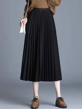 

2020 Atumn Women Elegant Pleated Skirt High Waist Women Mid-long Skirt Female Ladies High Quality Women Midi Skirt Black Saia