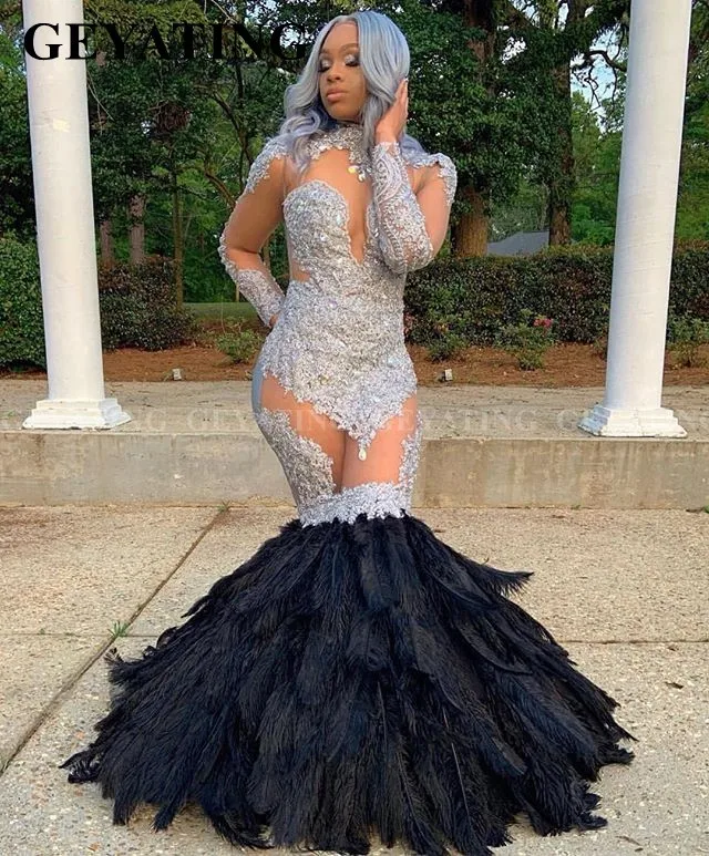 Sexy See Through Silver Lace Mermaid Black Veren Afrikaanse Prom Jurken Lange Mouwen Plus Size Graduation Gowns Formele Jurk Sexy See Through Silver Lace Mermaid Black Veren Afrikaanse Prom Jurken Lange Mouwen Plus Size Graduation Gowns Formele Jurk