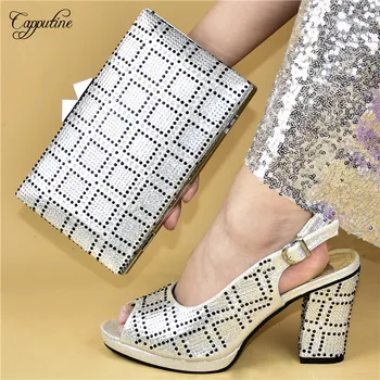 

Wonderful silver party set high heel sandal shoes with evening handbag set with rhinestones 528-3 heel height 10cm
