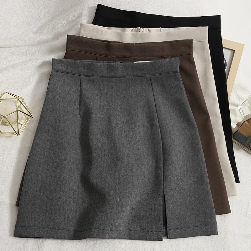 

Slim Office Ladies Mini Skirt Ladies Summer Fashion Elegant Korean Japan Harajuku High Waist Zipper Solid A-Line Split Skirts