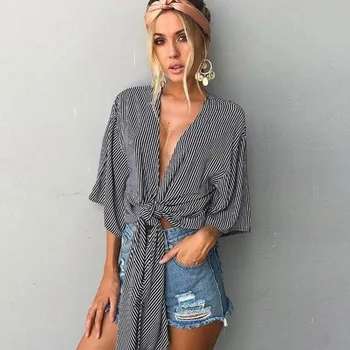 

Fashion Women Summer Casual Stripe Blouses V neck Sexy Loose Bow Tie Front Shirt Half Sleeve Bandage Bowknot Streetwear