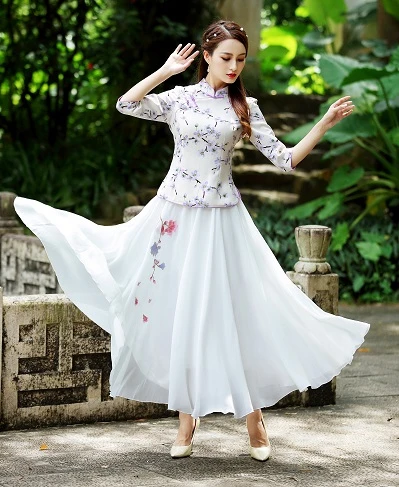 Sheng Coco Peach Blossom китайские рубашки топы Женская одежда в восточном стиле винтажная блузка цветочный Hanfu микроэластичная футболка - Цвет: pink shirt and skirt