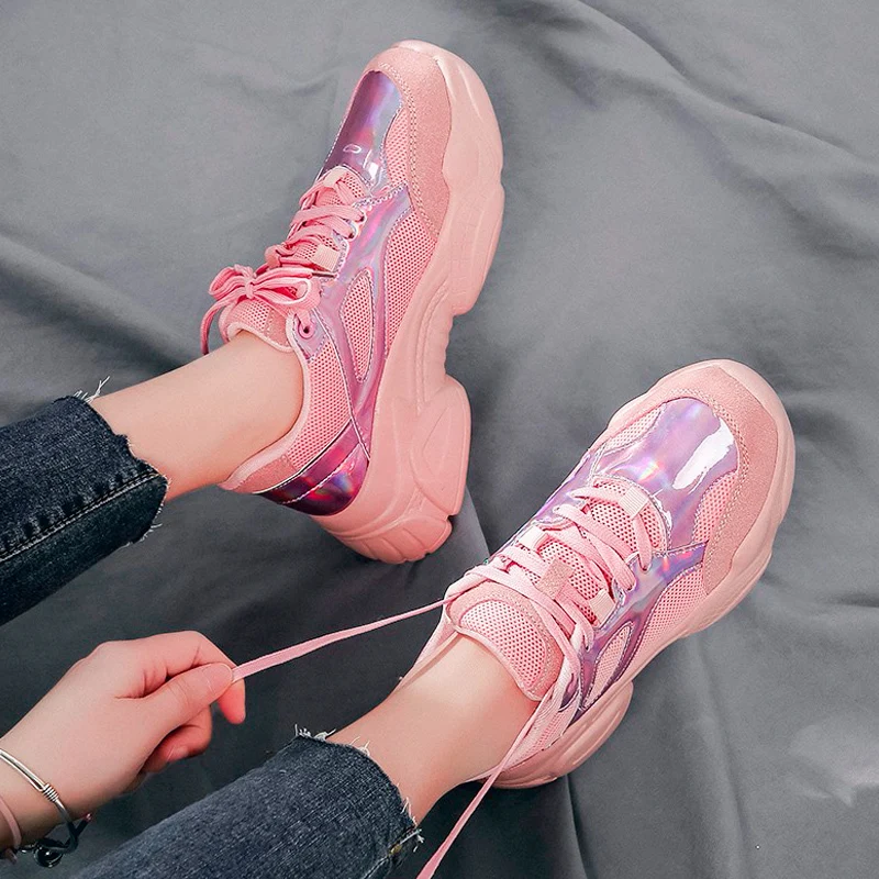 

Pink White Shoes Woman 2020 Summer Wedge Platform Sneakers Fashionable Harajuku Chunky Trainers Zapatillas Mujer Casual