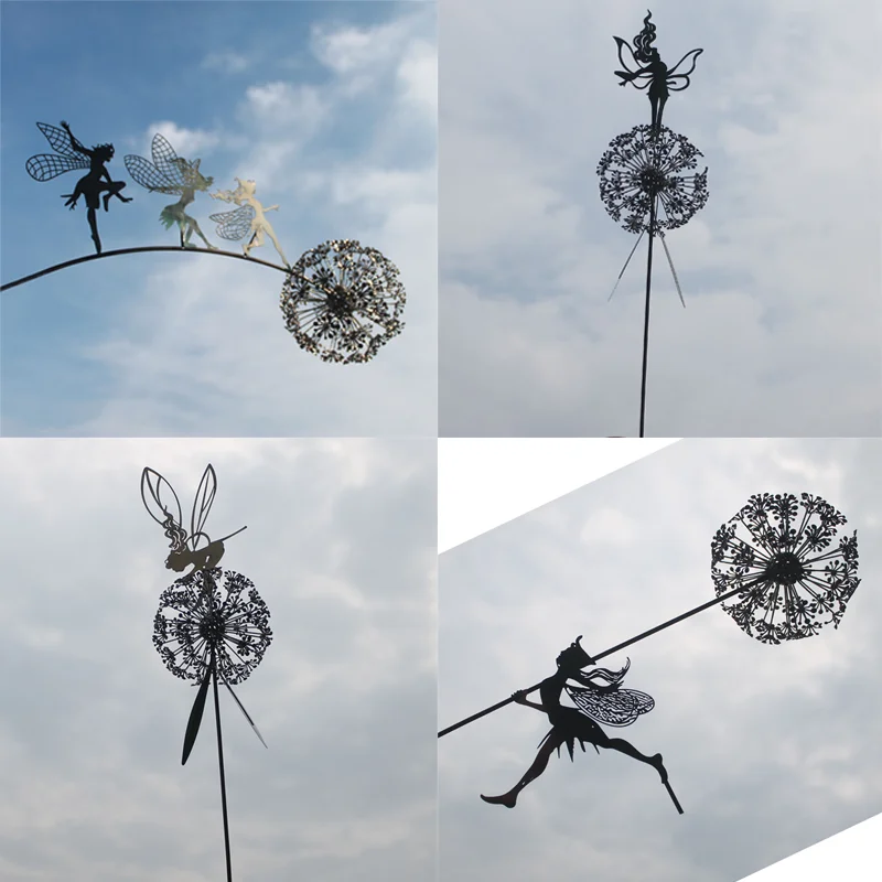 

Garden Decorative Stake Fairies And Dandelions Dance Together Metal Garden Yard Art Decor Lawn Sculpture Decor Dropshipping