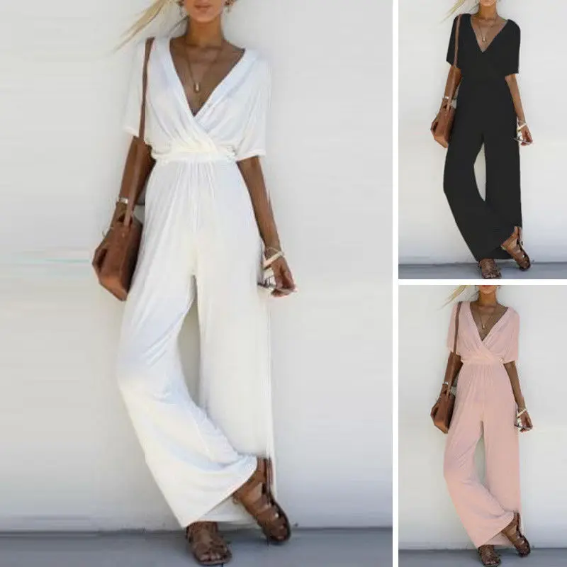 

Women Ladies V-Neck Jumpsuit Bodycon Romper Short Sleeve Long Wide Leg Pants Casual Loose Ladies Solid Jumpsuits