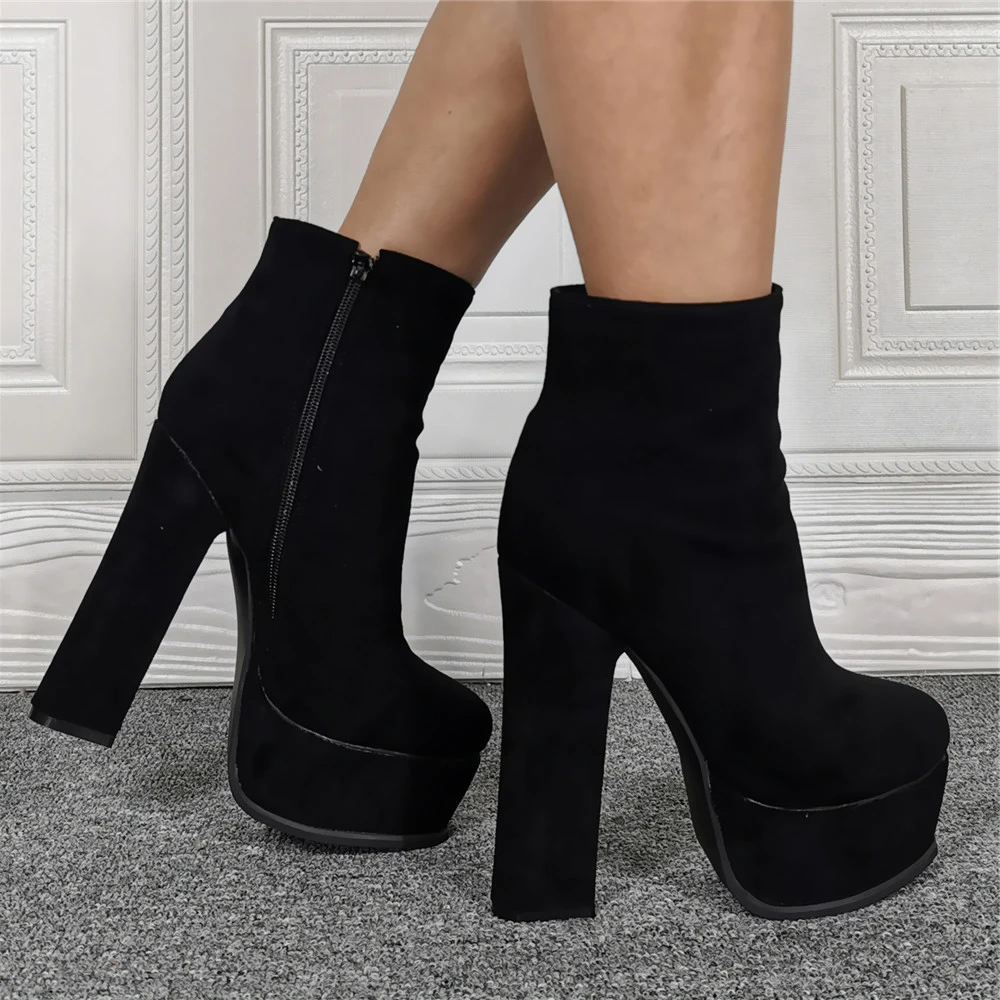 Kolnoo Handmade New Simple Style Women Chunky Heel Boots Kid-suede Platform Sexy Ankle Booties Large Size Fashion Winter Shoes