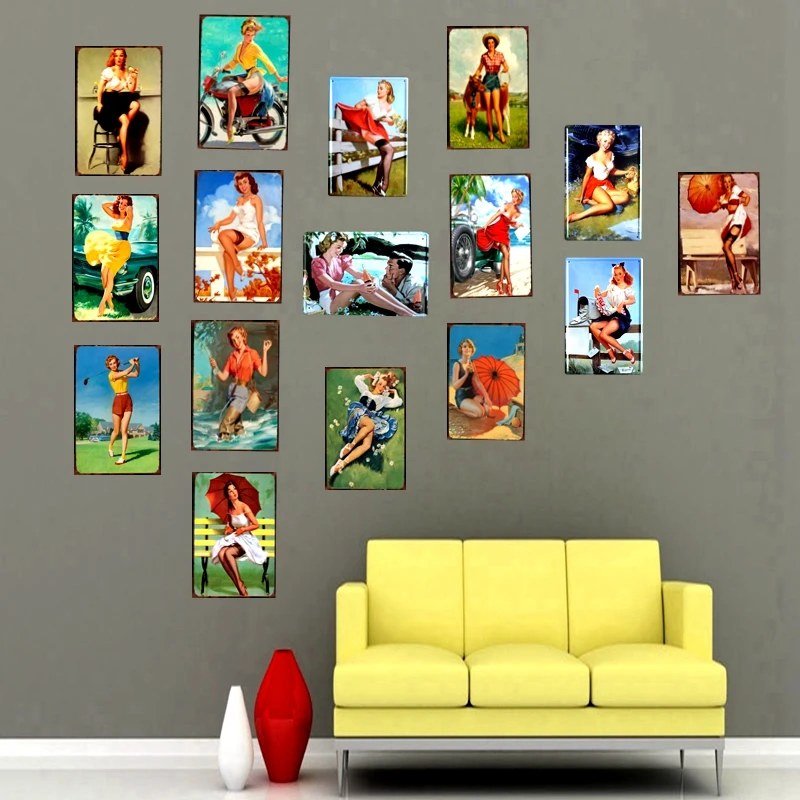 

Medieval Style Retro Pin Up Girl Tin Metal Sign Plaque Metal Vintage Wall Pub Cafe Shop Home Art Decoration Iron Poster