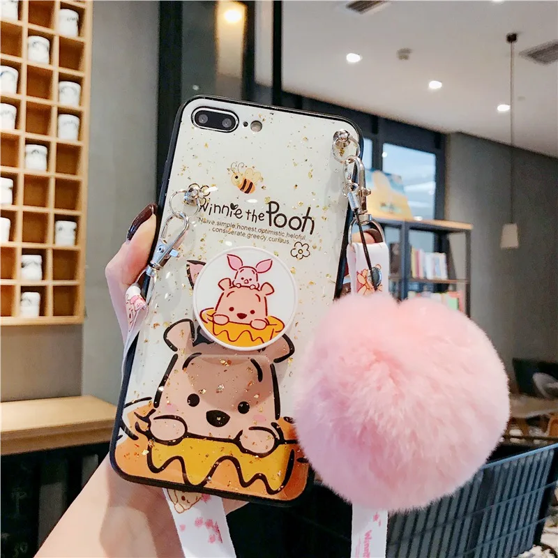 

Cartoon anime pooh bear phone case For iphone 11 Pro X XS Max XR Folding bracket anti-fall phone cover For iPhone 8 7 6 6S plus