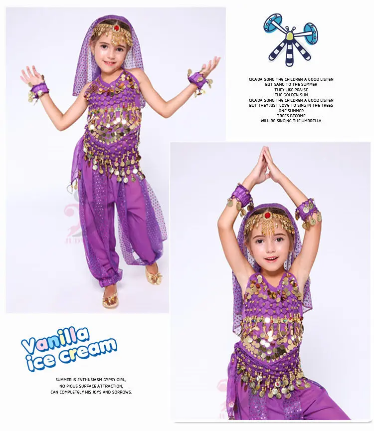 Детский набор костюма для танца живота Индийский Болливуд Восточный Египетский танец живота юбка для девочек танец живота топ брюки хип шарф