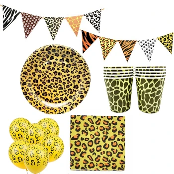 

Zoo Themed Party Decoration Tiger Pattern Adult's Birthday Han Party Cup Plate Napkin Flag Latex Balloon Suit for 10 Persons