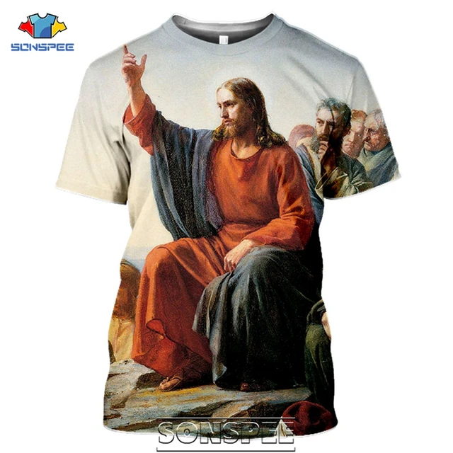 SONSPEE Religion Christ Jesus Men's T Shirt Tops Casual Streetwear Harajuku God Cartoon Painting 3D Mens Tee Shirt Homme