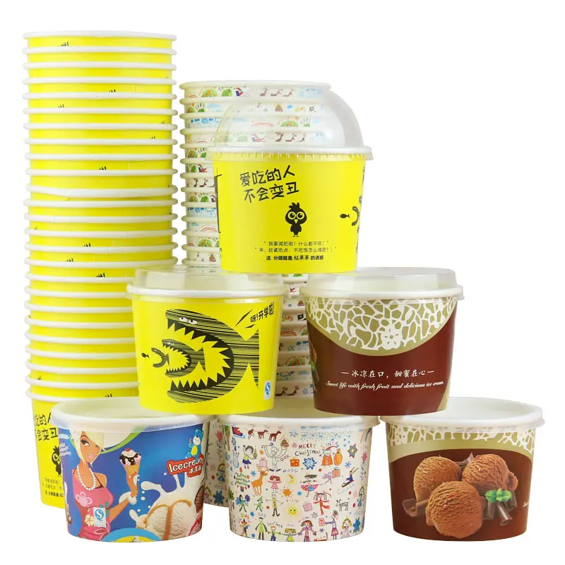 

50pcs Disposable ice cream paper bowl thickening 300ml cartoon big salad fried yogurt bowl soup food paper cup with lid