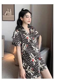 

Pajamas for Women Summer Viscose Fiber Thin Silk Women Artificial Silk Short-Sleeved Cardigan Pajama Set